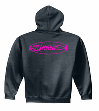 Load image into Gallery viewer, Fish Hoodie in Dark Heather - HOT PINK Logo