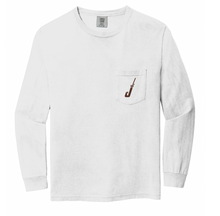 Load image into Gallery viewer, Hook &amp; Horns Long Sleeve Pocket Tee in White - CHOCOLATE Logo
